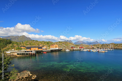 Beautiful Stamsund village with colorful houses and fishing harbor, Lofoten Islands, Norway, Scandinavia, Europe