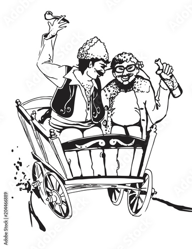 Cartoon illustration of two happy friends traveling with a horse wagon and drinking wine.