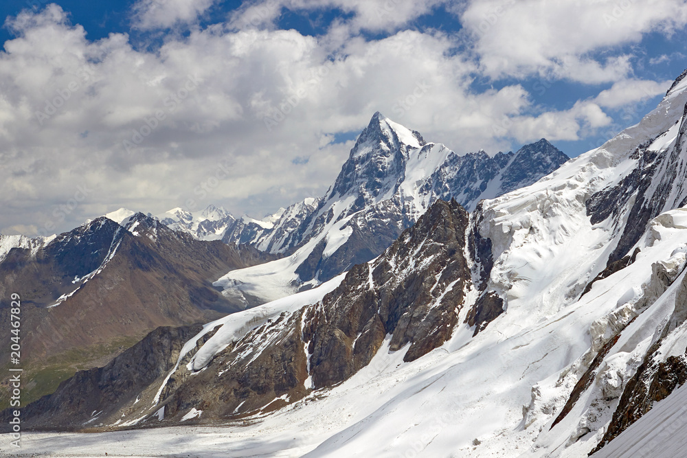 Mountains and glacier. snowy landscape peak and pass. outdoor view