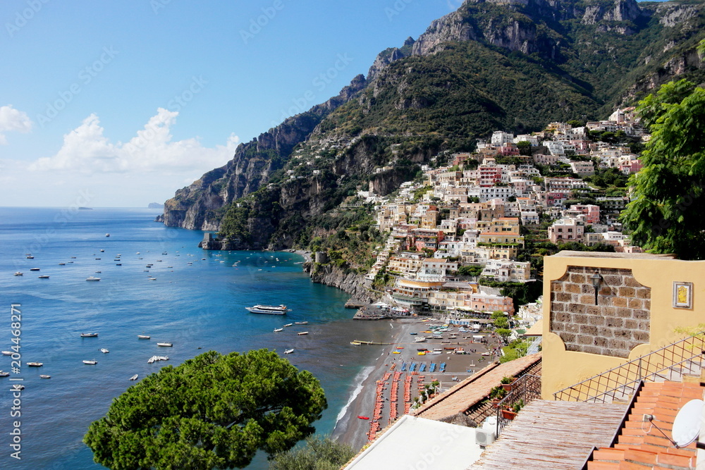General view of Positano, south of Italy. Amalfi coast, Mediterranean Sea.