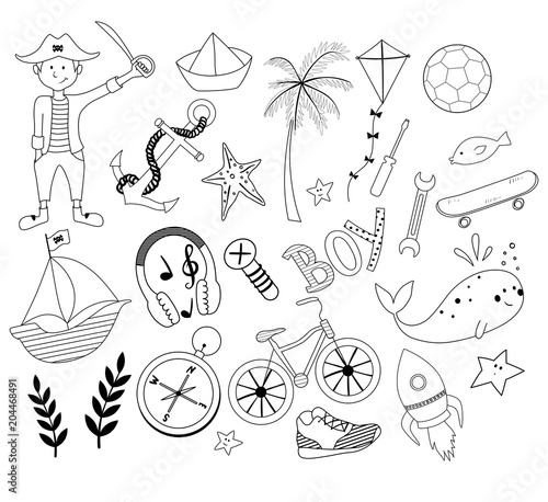 Set of vector outline boys  design elements isolated on white background.