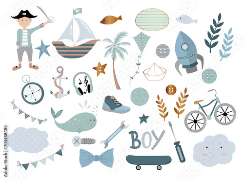 Collection of vector boys  design elements isolated on white background.