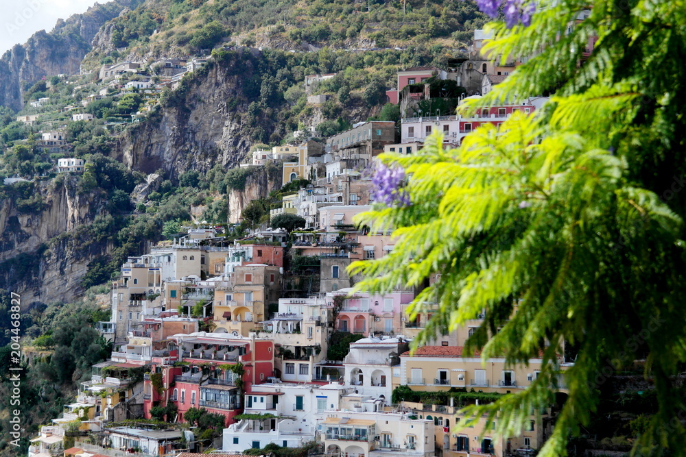 Rocky cliffs of Positano. South of Italy, Amalfi coast. Mediterranean Sea.