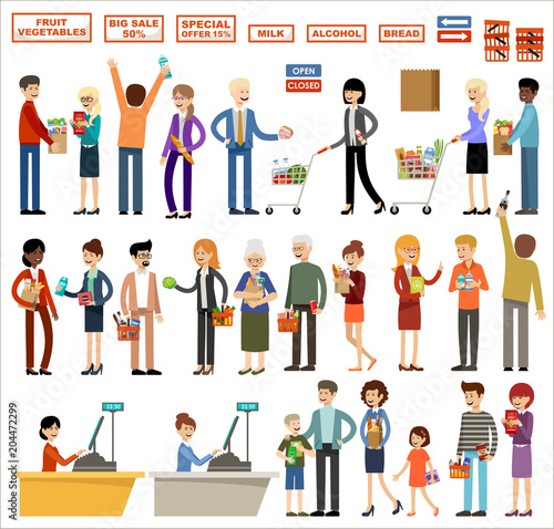 Set of people in a supermarket on a white background. Shopping, products, purchases