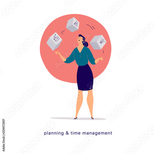Vector flat cartoon illustration of business lady office character juggle blocks isolated on light background. Metaphor & symbol - achievements, time management, feminism, planning, motivation, growth