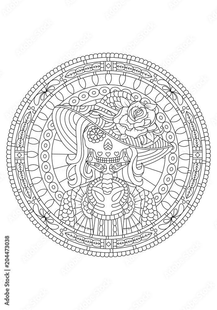 Fototapeta premium hand drawn mexican sugar skull Lady with roses. vector isolated or decorated mandala background. Cool print for poster, banner, t-shirt.