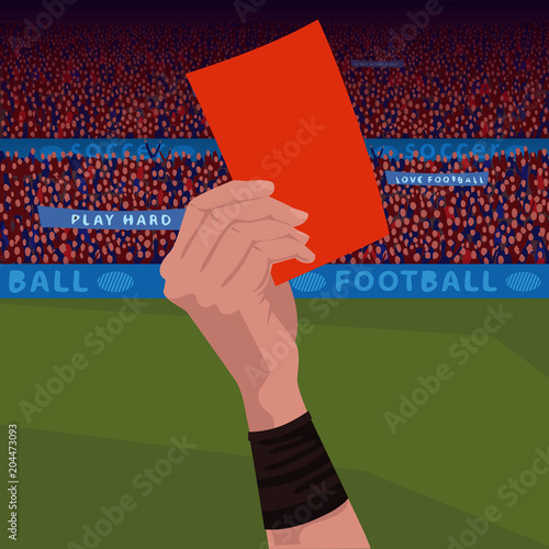 Close up of soccer referee hand holding red card. Football field and spectators area on background. Removal player concept. Realistic cartoon style
