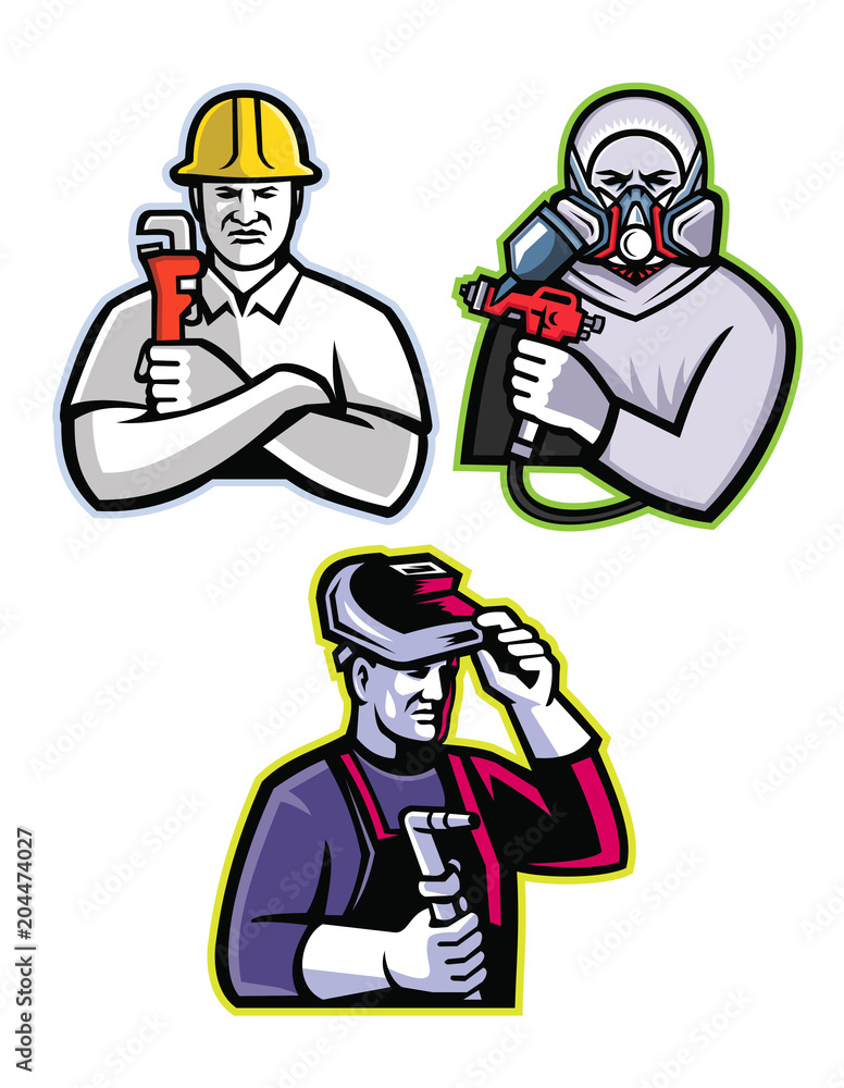 Mascot icon illustration set of tradesman like the pipefitter or plumber, automotive or industrial spray painter and welder or fabricator viewed from front on isolated background in retro style. Mascot icon illustration set of tradesman like the pipefitter or plumber, automotive or industrial spray painter and welder or fabricator viewed from front on isolated background in retro style.