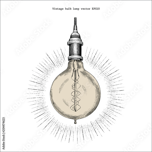 Vintage bulb lamp hand drawing engraving style