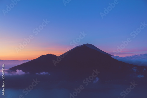Morning view of Mount Gunung Agung volcano from Mt. Batur, Bali, Indonesia.