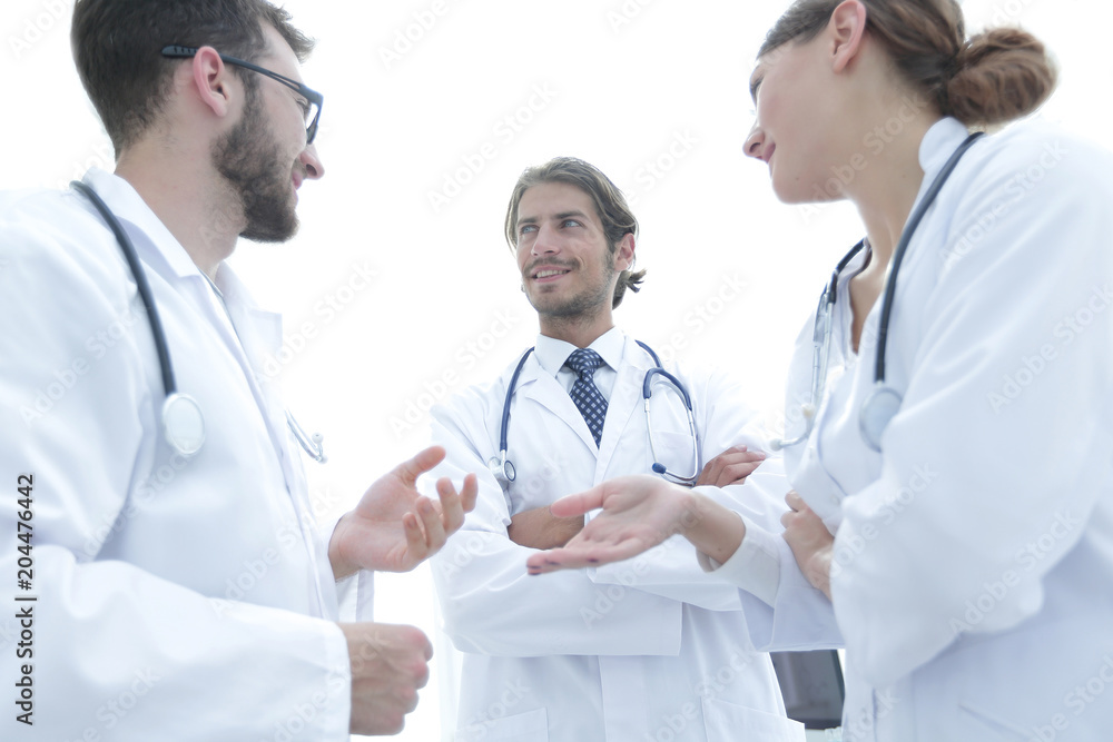 Group of medicine doctors talking during conference, bottom view