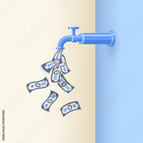 A faucet on the wall is dripping open money dollar bills instead of water. Passive income concept. Flat vector illustration on blue background.