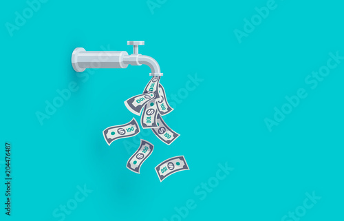 A faucet on the wall is dripping open money dollar bills instead of water. Passive income concept. Flat vector illustration on blue green background.