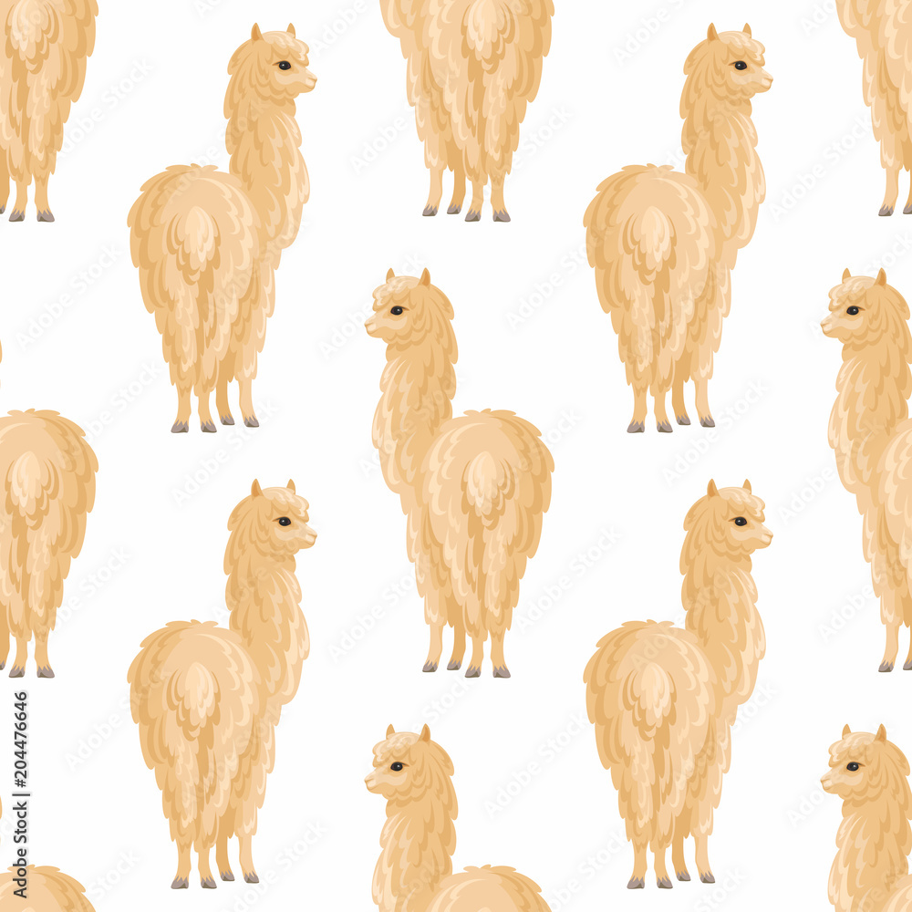Fototapeta premium Seamless pattern with the image of cute alpaca in cartoon style. Colorful vector background