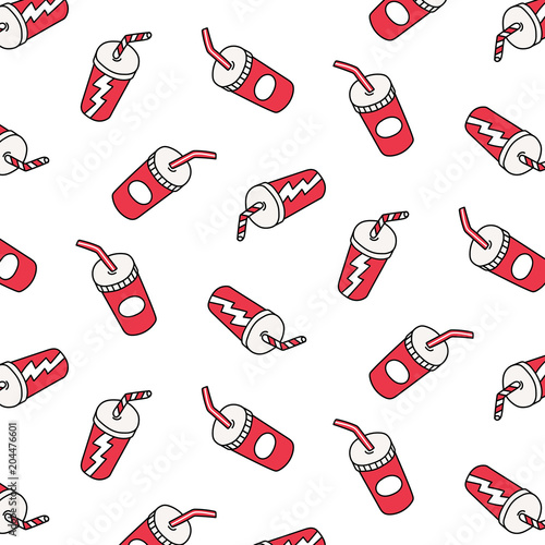 Hand drawn vector illustration of soft drink cup pattern in cartoon style.