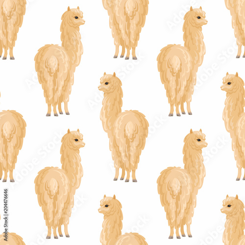 Seamless pattern with the image of cute alpaca in cartoon style. Colorful vector background