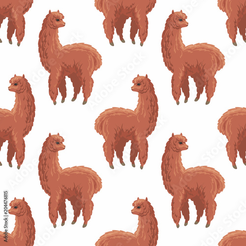 Seamless pattern with the image of cute alpaca in cartoon style. Colorful vector background