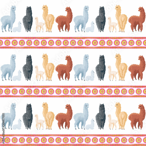 Seamless pattern with the image of cute alpaca in cartoon style. Colorful vector background