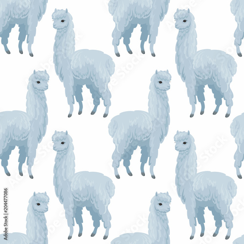 Seamless pattern with the image of cute alpaca in cartoon style. Colorful vector background