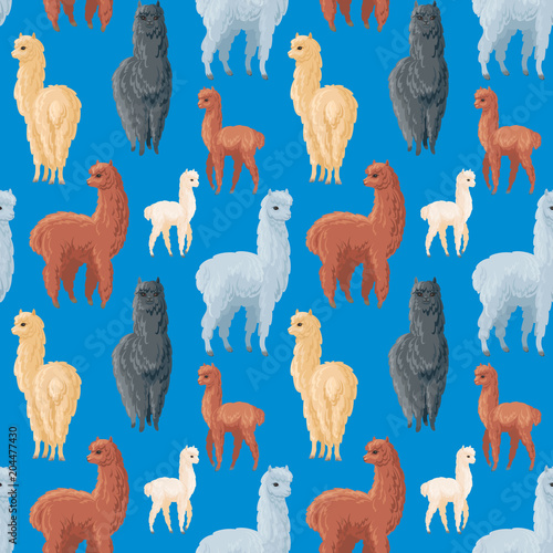 Seamless pattern with the image of cute alpaca in cartoon style. Colorful vector background