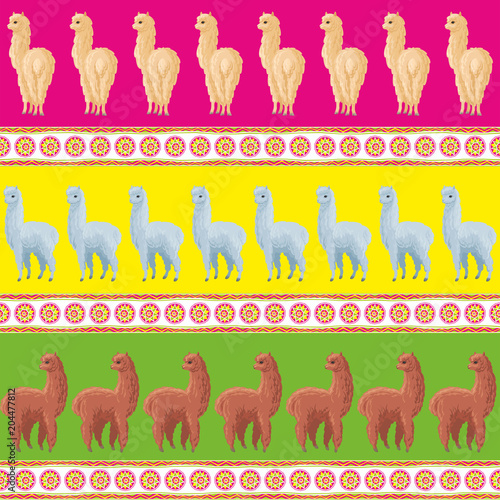 Seamless pattern with the image of cute alpaca in cartoon style. Colorful vector background
