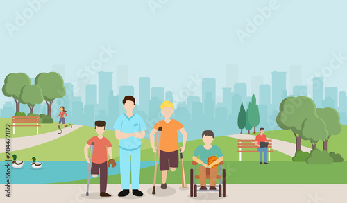 Doctor with disabled children in park. Vector image.