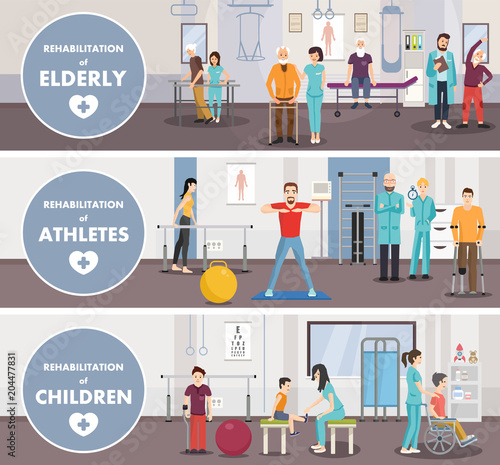 Rehabilitation center of eldery, athletes, children. Vector image.