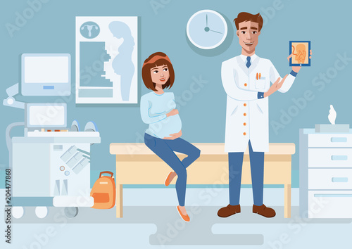 Female doctor shows ultrasonic image of baby to young pregnant woman in gynecology room.