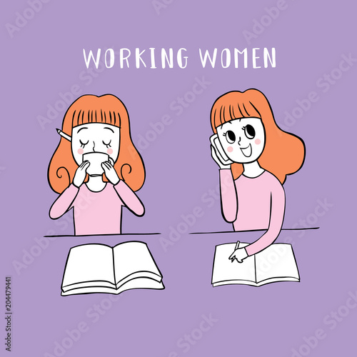 Canvastavla Cartoon cute woman talking and drinking vector.
