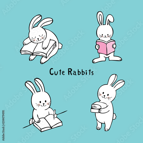 Cartoon cute white rabbit reading book vector.