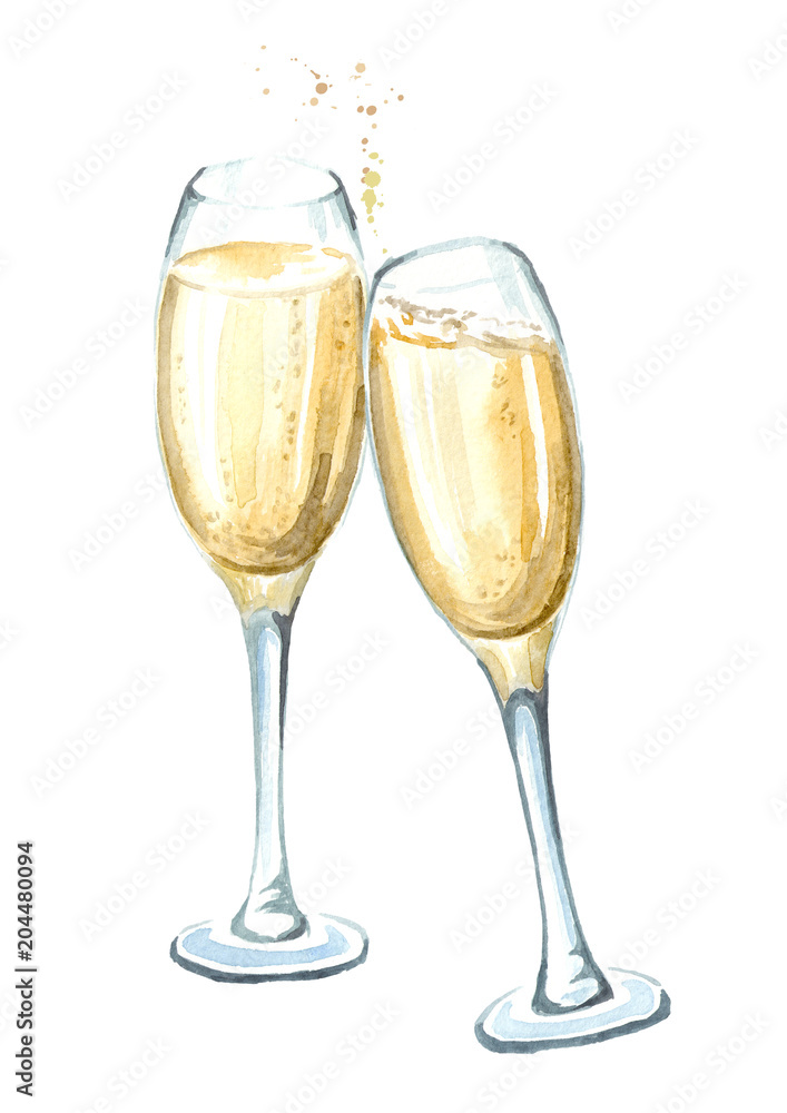 Two glasses of champagne. Watercolor hand drawn illustration,  isolated on white background