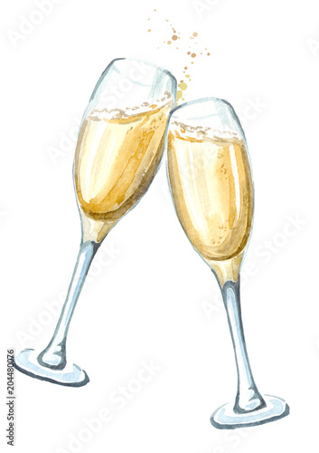 Two glasses of champagne in toasting. Watercolor hand drawn illustration  isolated on white background
