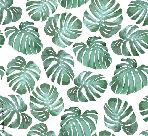 Tropical seamless pattern with green monstera leaves on white background. Tropical vector background for print or textile.