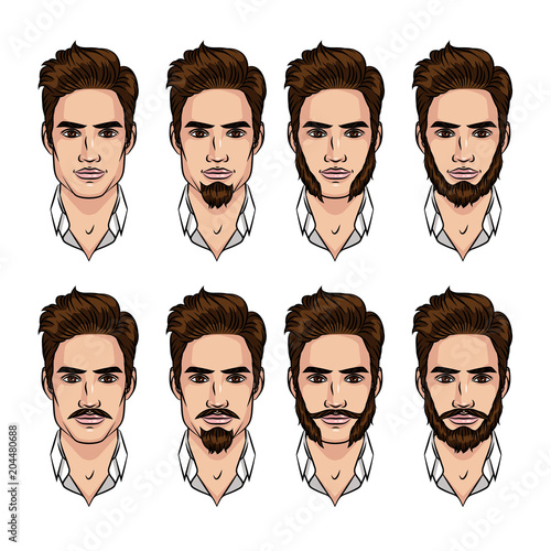 Vector colorful set of a guy with different style beard and mustache. Illustration for Barber Shop with man portrait