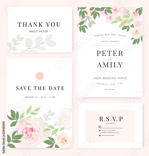 Vector template set. Wedding invitation, rsvp, thank you, save the date card design with elegant rose pink garden. 