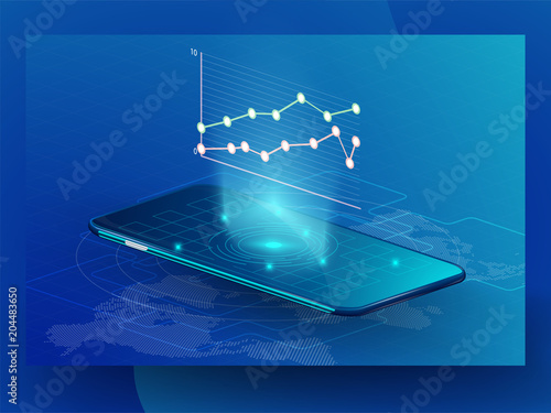 Concept of analysts and managers working on blockchain start up, mobile phone of future, data center, Cryptocurrency and blockchain isometric composition Smart object and smart technology design.