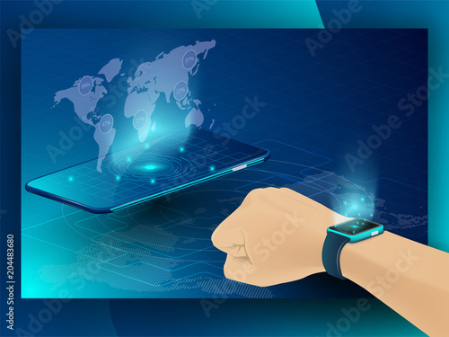 Smart technology and Cryptocurrency and blockchain Isometric Concept. modern technology with Mobile Phone and smart watch. analysts and managers working on blockchain start up