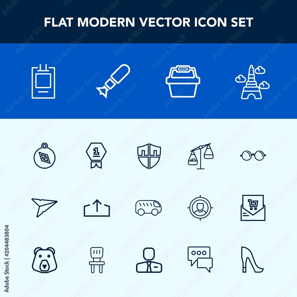 Modern, simple vector icon set with badge, bus, eyeglasses, first, email, award, message, highway, security, move, shield, place, tower, glasses, paris, landmark, store, winner, protection, bomb icons Modern, simple vector icon set with badge, bus, eyeglasses, first, email, award, message, highway, security, move, shield, place, tower, glasses, paris, landmark, store, winner, protection, bomb icons