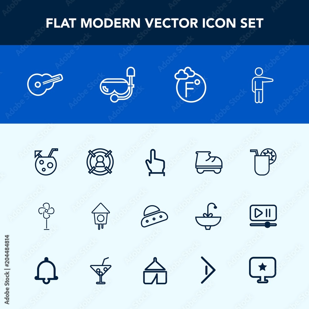 Modern, simple vector icon set with click, leisure, finger, drink, space, mask, ufo, air, roller, water, musical, fan, summer, thermometer, wooden, white, guitar, temperature, cocktail, music icons Modern, simple vector icon set with click, leisure, finger, drink, space, mask, ufo, air, roller, water, musical, fan, summer, thermometer, wooden, white, guitar, temperature, cocktail, music icons
