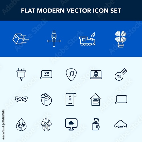 Modern, simple vector icon set with seamark, train, smile, internet, travel, communication, call, celebration, folk, package, shipping, delivery, lighthouse, music, plug, sign, fahrenheit, chat icons