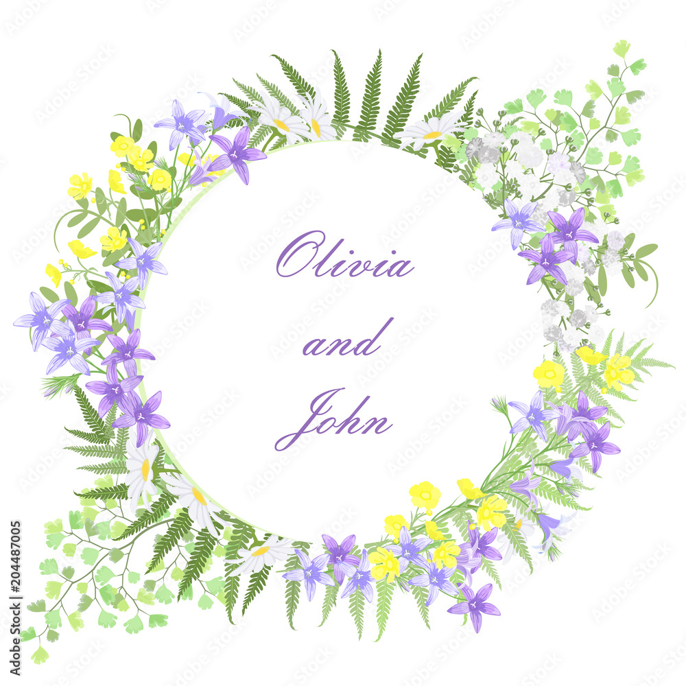 Round frame with daisy flowers, bellflowers, buttercups and fern leaves for wedding invitation card design, vector illustration. Round frame with daisy flowers, bellflowers, buttercups and fern leaves for wedding invitation card design, vector illustration.