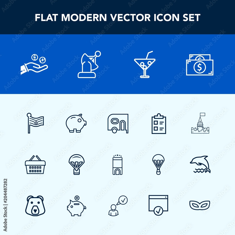 Modern, simple vector icon set with castle, sale, store, extreme, tick, check, cash, mark, room, hotel, drink, architecture, parachute, finance, currency, transport, parachuting, delivery, list icons Modern, simple vector icon set with castle, sale, store, extreme, tick, check, cash, mark, room, hotel, drink, architecture, parachute, finance, currency, transport, parachuting, delivery, list icons