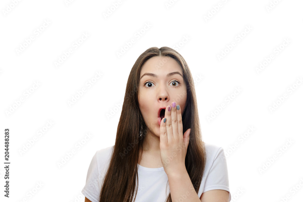 girl is surprised, yuong woman on white background girl is surprised, yuong woman on white background