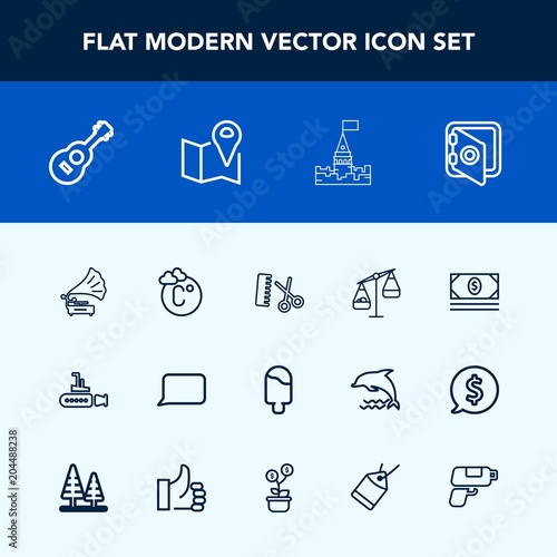 Modern, simple vector icon set with business, banking, hair, medieval, musical, boat, money, cream, temperature, scale, music, undersea, marine, balance, food, salon, speech, guitar, safe, talk icons