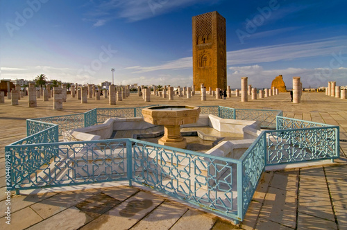 View at the Hassan tower with fountain near mausoleum of Mohammed V in Rabat, Morocco.