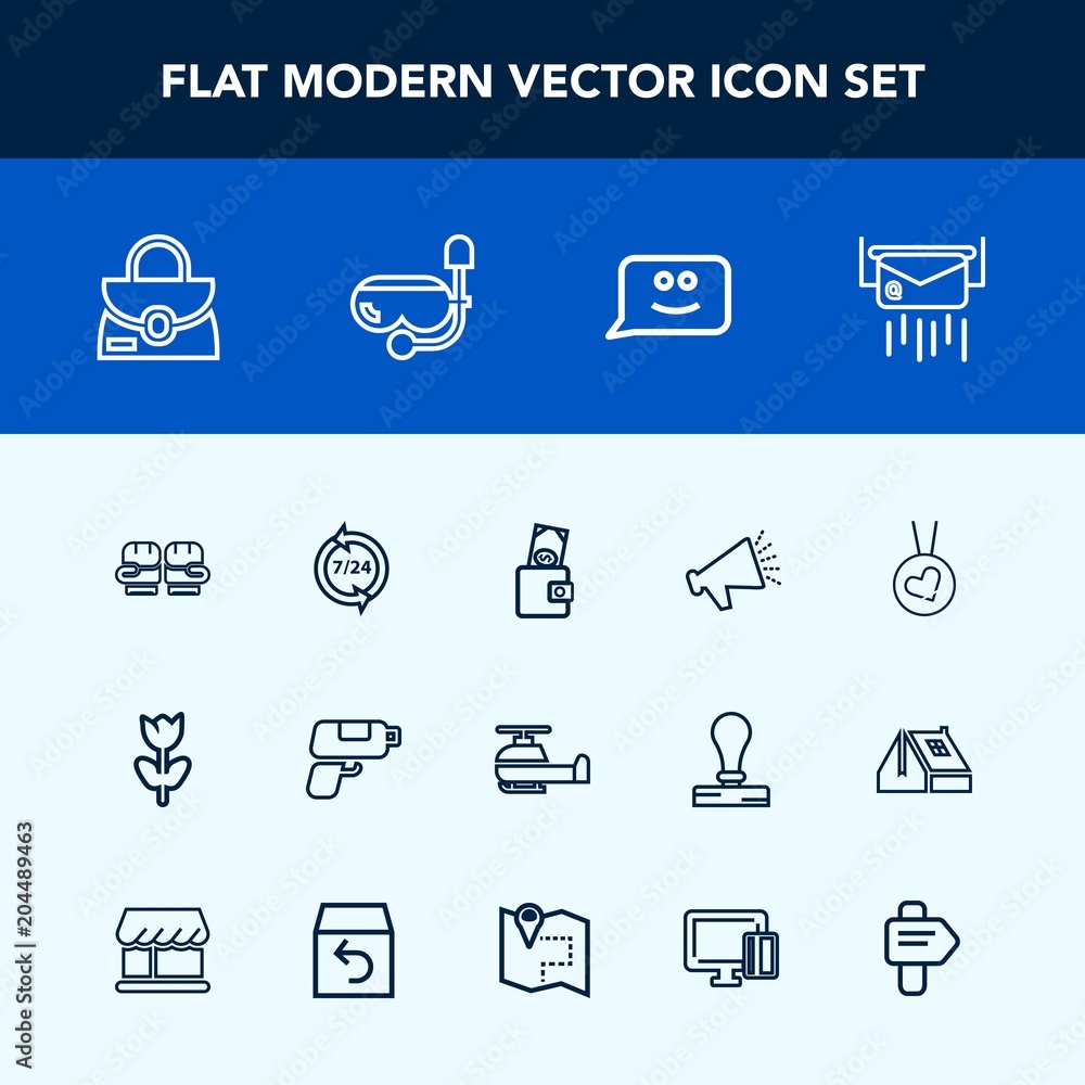 Modern, simple vector icon set with necklace, loudspeaker, wallet, spring, envelope, boxing, fight, chat, post, air, style, face, support, competition, helicopter, nature, call, glove, blossom icons