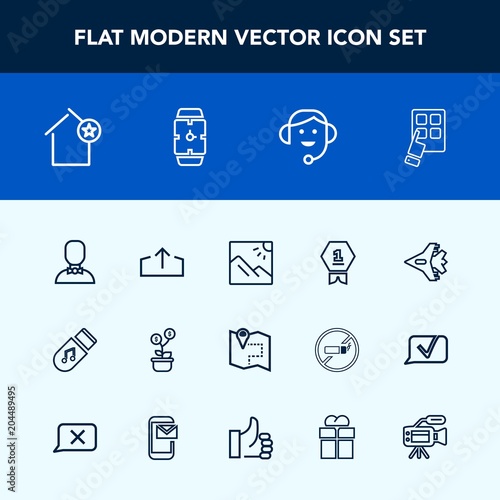 Modern, simple vector icon set with home, location, office, map, house, photography, center, winner, profile, jetliner, business, time, internet, place, photo, male, call, sound, web, road, pin icons