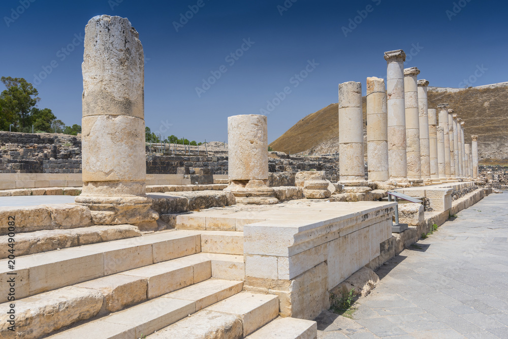 Columns on Byzantine Palladius Street at Beit She'an archaeological site in the Jordan Valley.