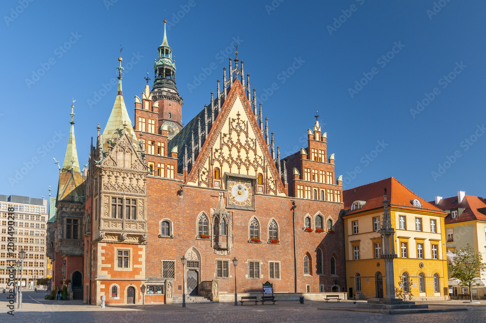 Market Square with old gothic Town Hall in Wroclaw (Breslau) in Poland.