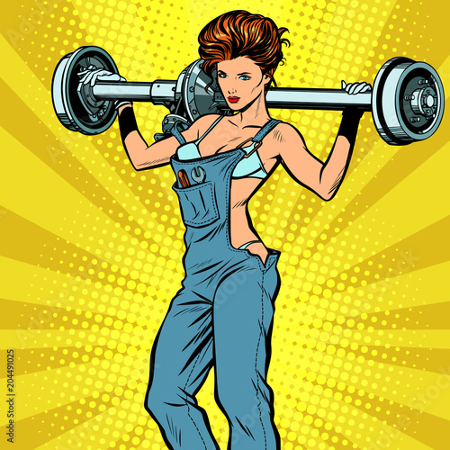 sexy female car mechanic and rear axle vehicle